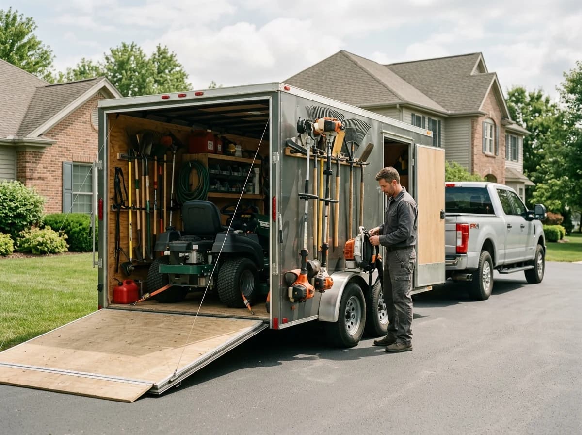 A professional lawn care trailer loaded with mowers, trimmers, and neatly organized tools.