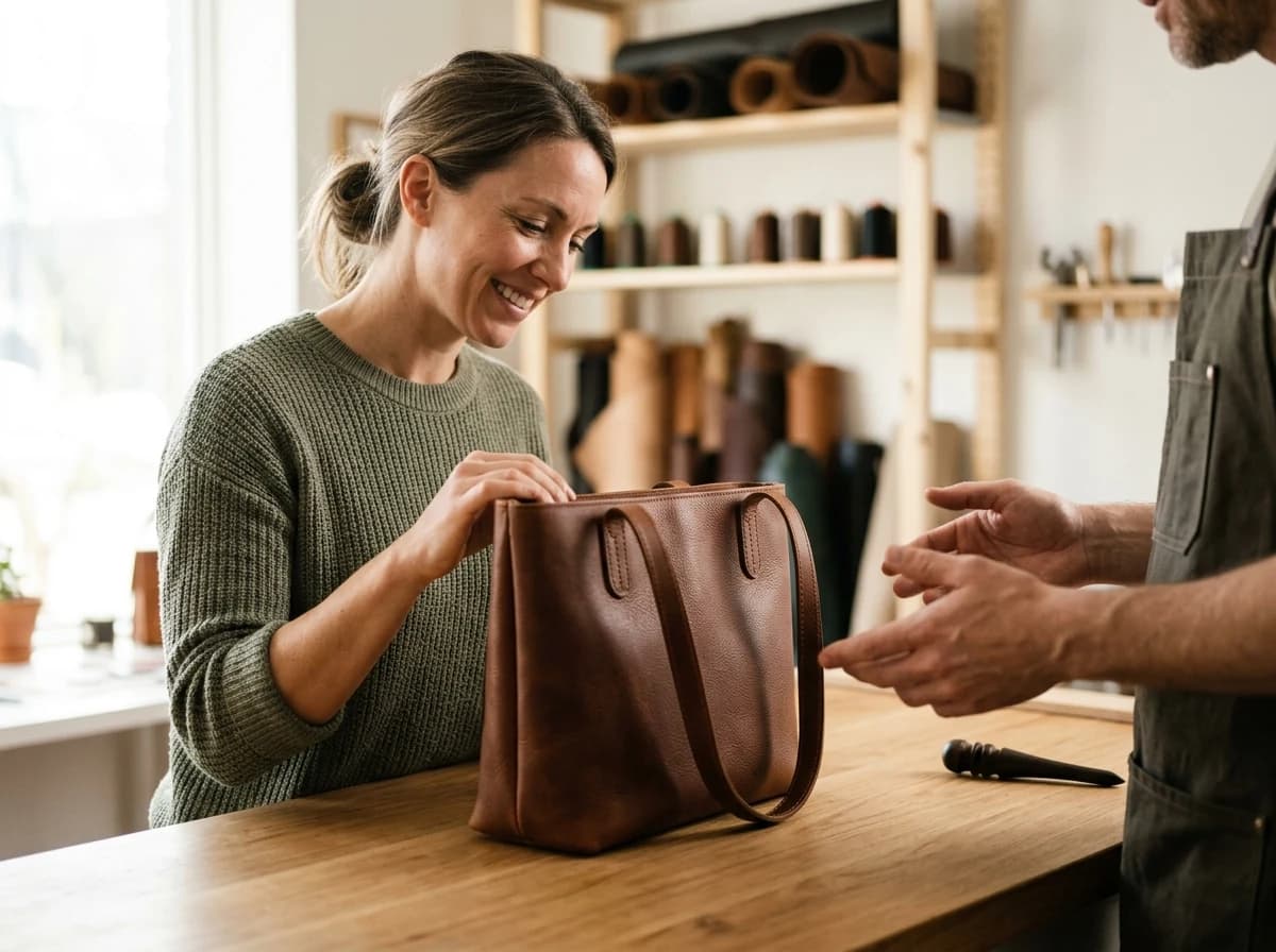 Happy customer admiring a custom leather bag, presented on a counter.