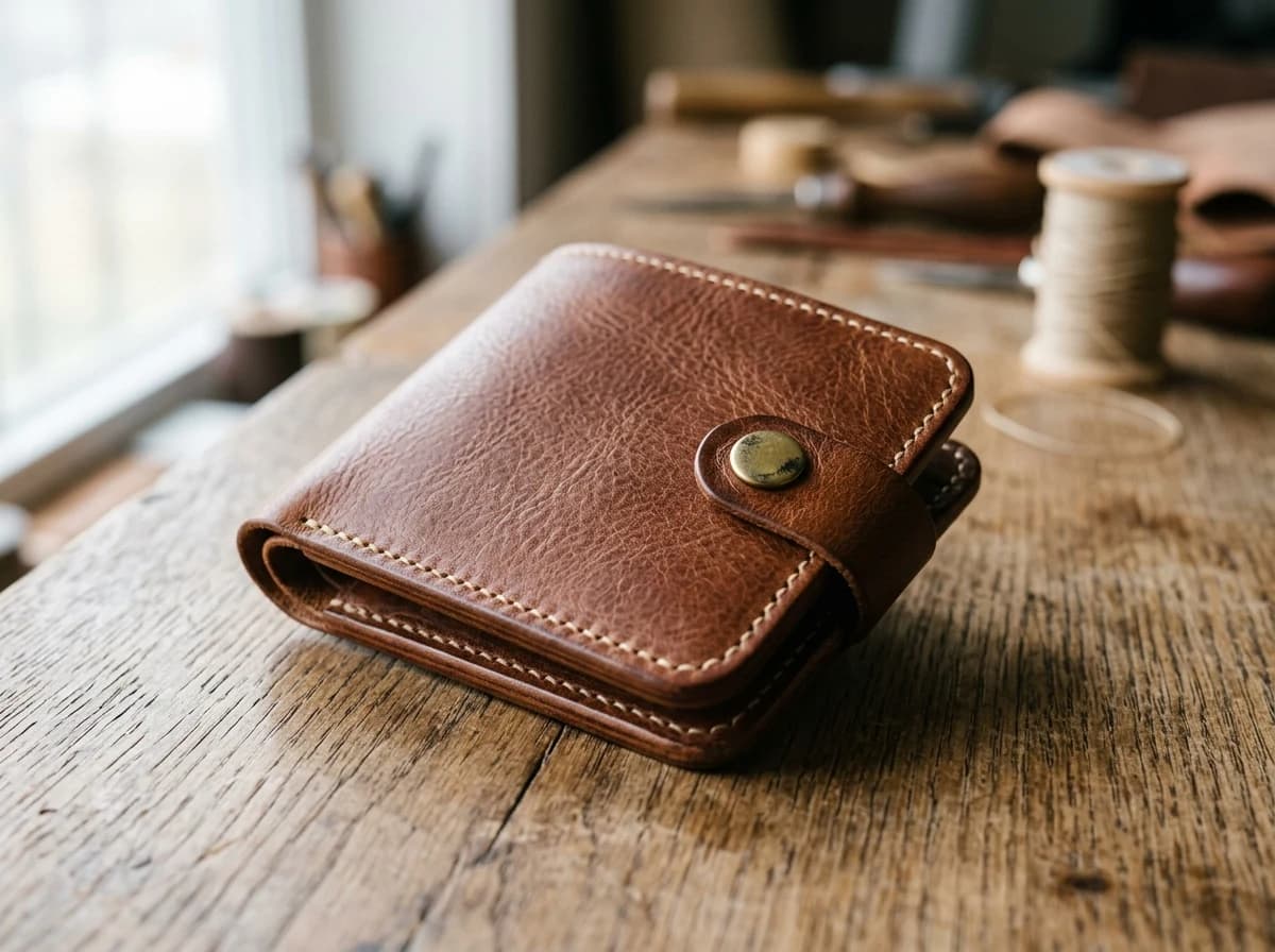 Close-up of a meticulously handcrafted leather wallet with fine stitching.