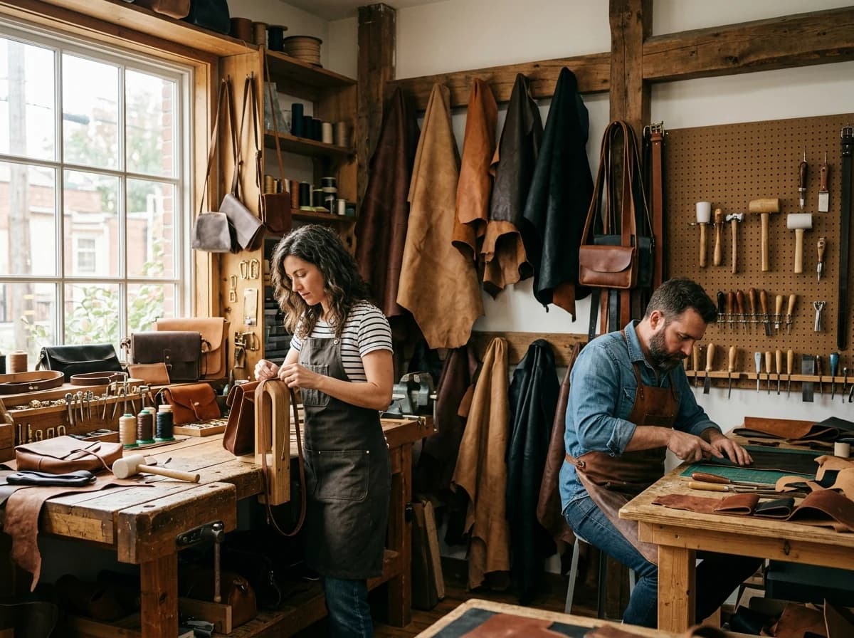 Warmly lit leatherworking workshop with tools, hides, and unfinished goods.