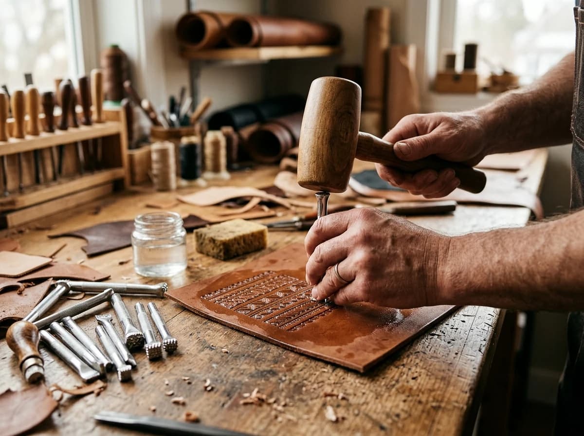Artisan's hands tooling intricate patterns onto leather with specialized tools.