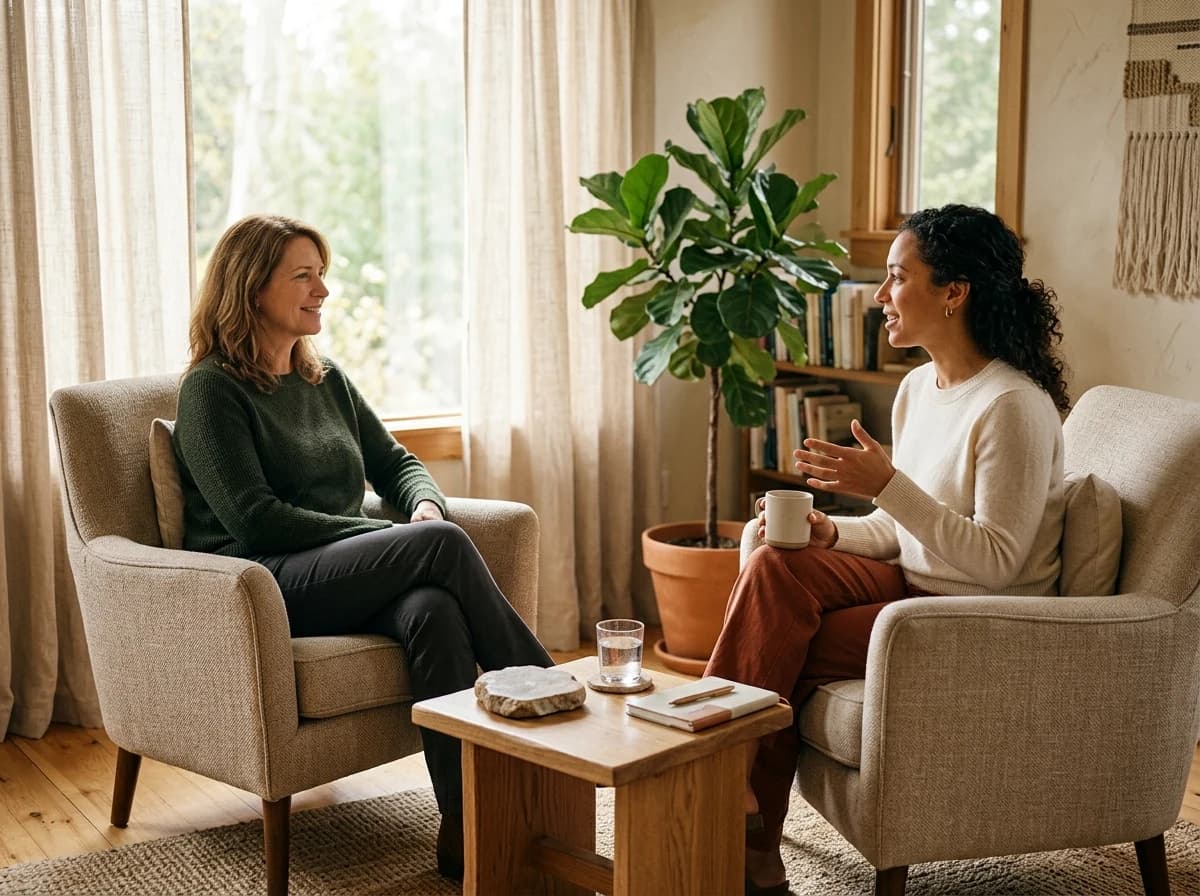 A peaceful, sunlit room designed for coaching sessions, featuring comfortable armchairs and a small table.