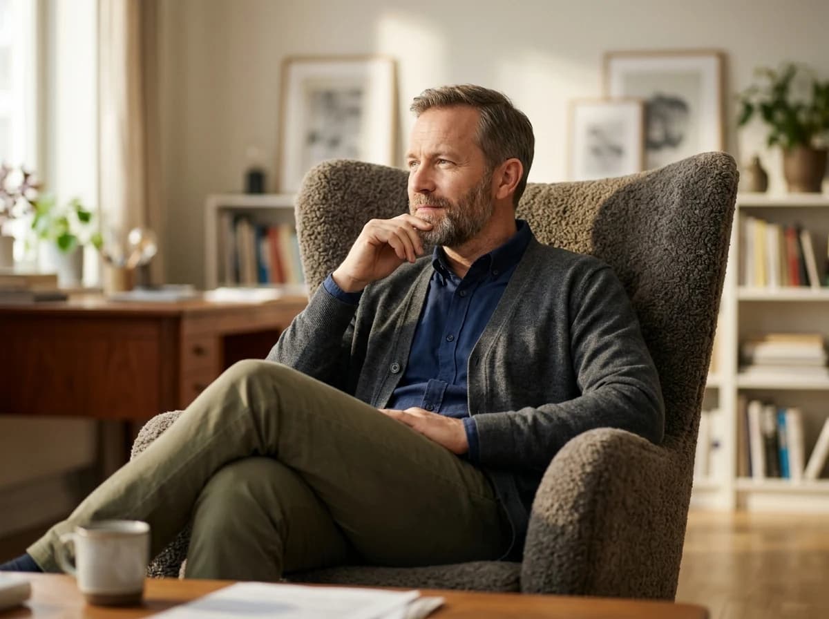 Adult client in a relaxed pose, contemplating with a thoughtful expression in a comfortable setting.