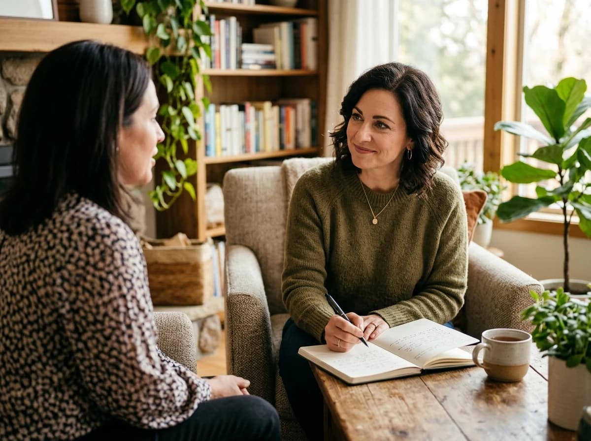 Adult female coach actively listening and taking notes during a one-on-one session with a client.