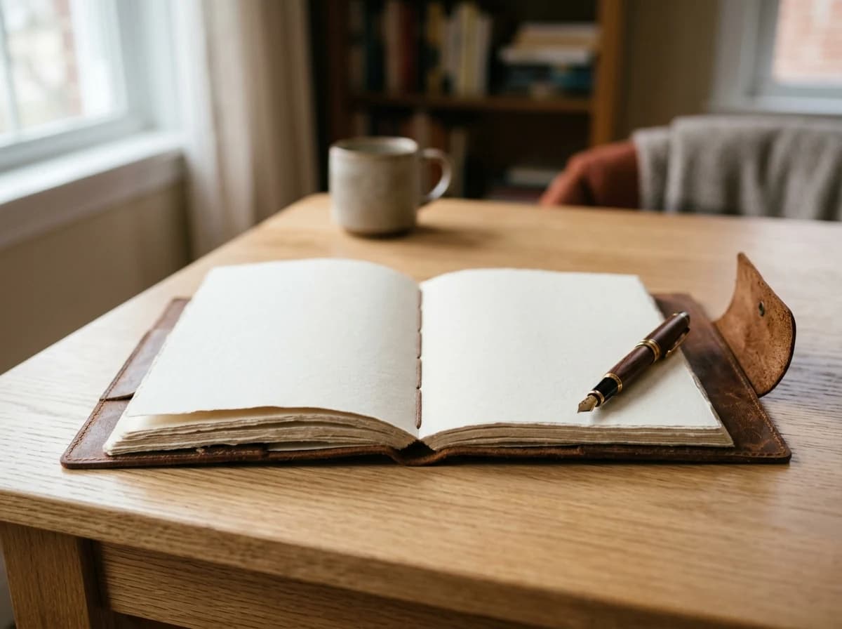 Close-up of a leather-bound journal open to a blank page with a fountain pen resting beside it.
