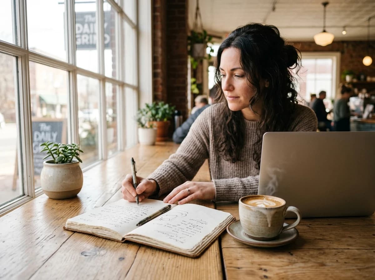 Cozy, sunlit cafe table with an open notebook, a cup of coffee, and blurred laptop.