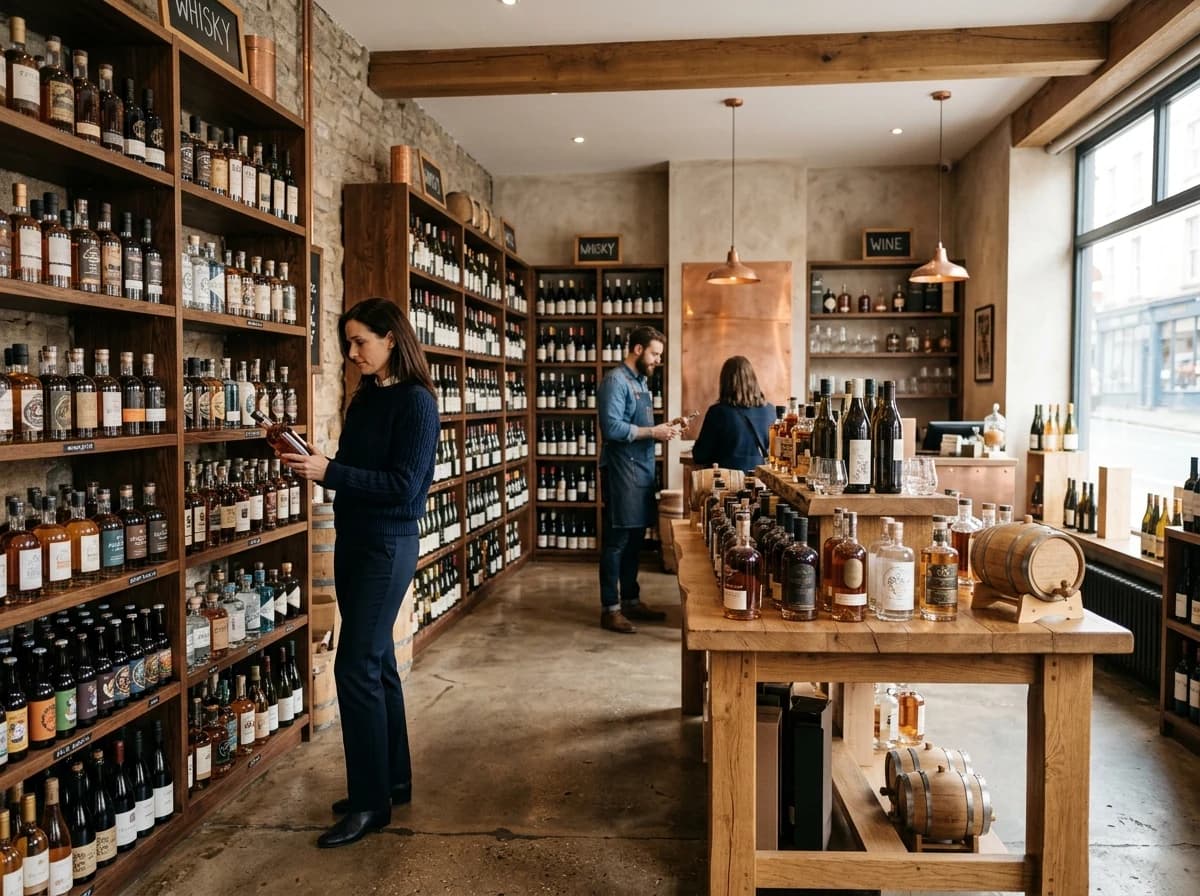 A well-stocked, warmly lit artisanal spirits shop interior with neatly arranged bottles of wine and liquor on wooden shelves.