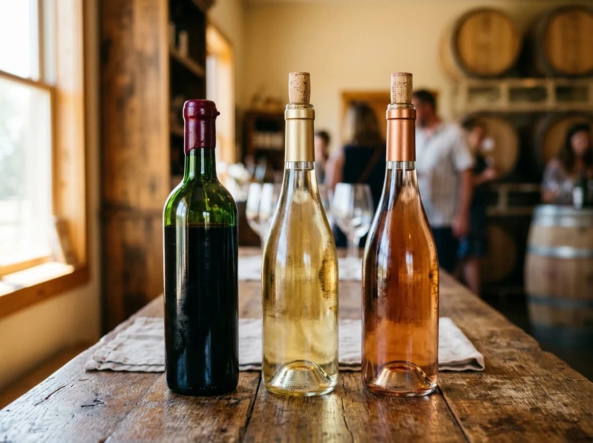 Close-up of three distinctive, unlabeled wine bottles with corks, showing different colors and shapes, ready for sale.