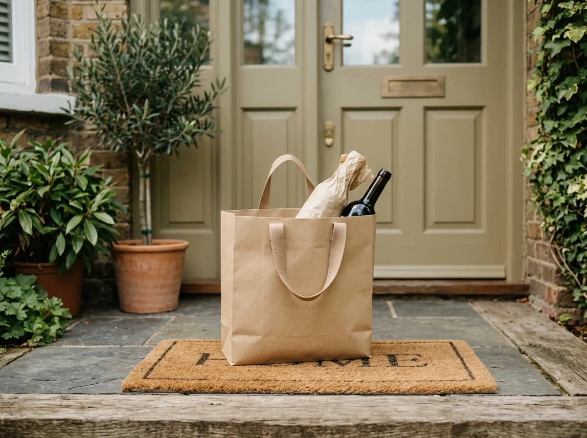 A sturdy, neutral-colored paper bag with handles, containing two unlabeled bottles, set on a residential doorstep, ready for pickup.