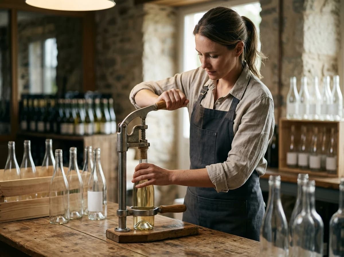 A sommelier carefully using a simple, traditional hand-corker to seal a bottle of wine in a clean cellar setting.