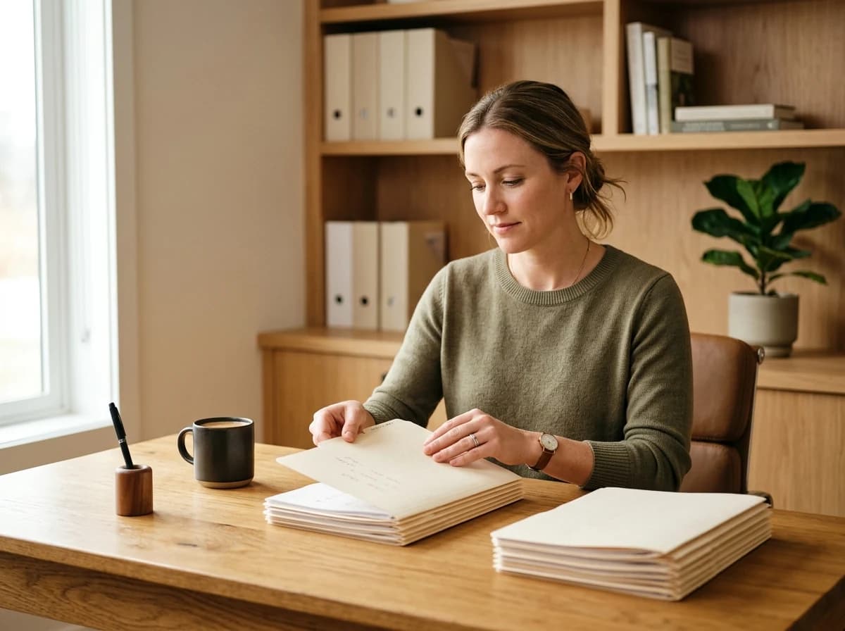 Loan officer organizing plain paper folders at a bright office desk