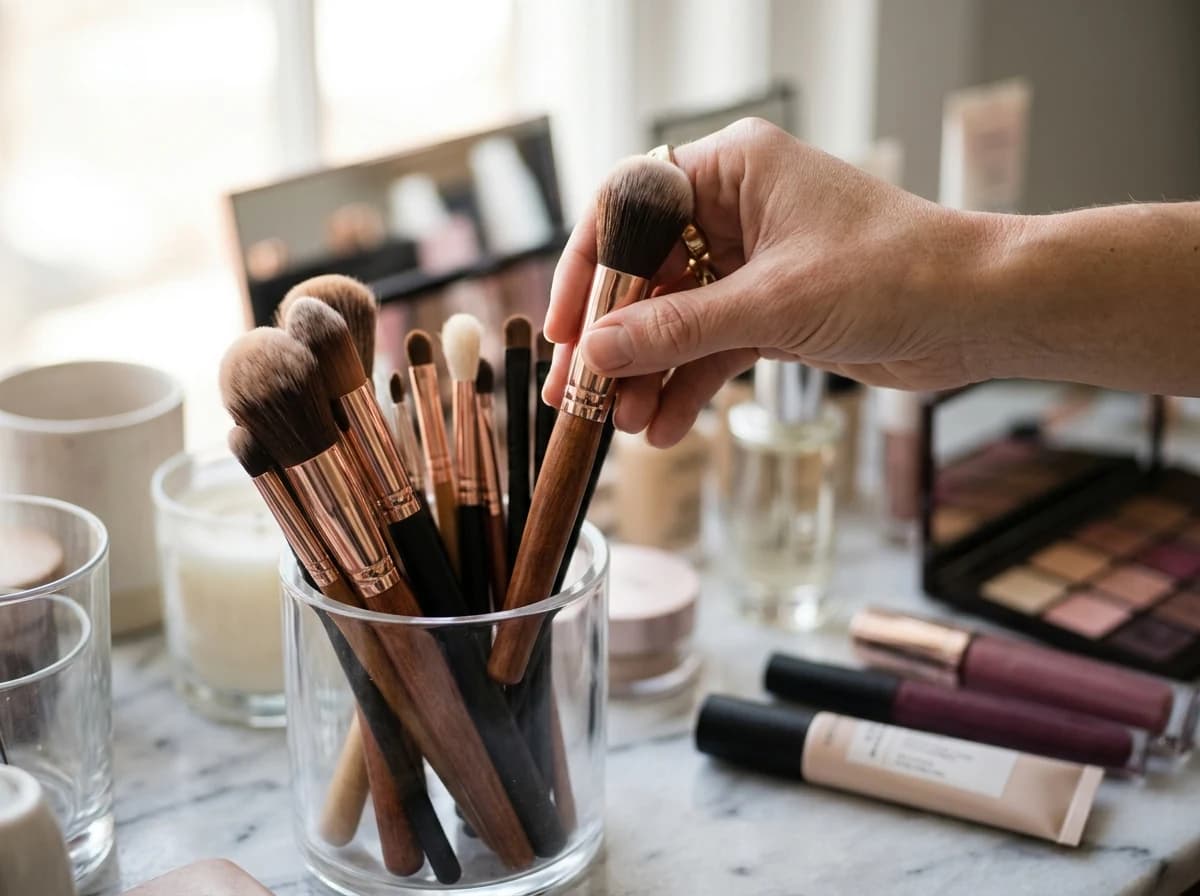 Hand selecting a makeup brush from an organized collection, focused and precise.