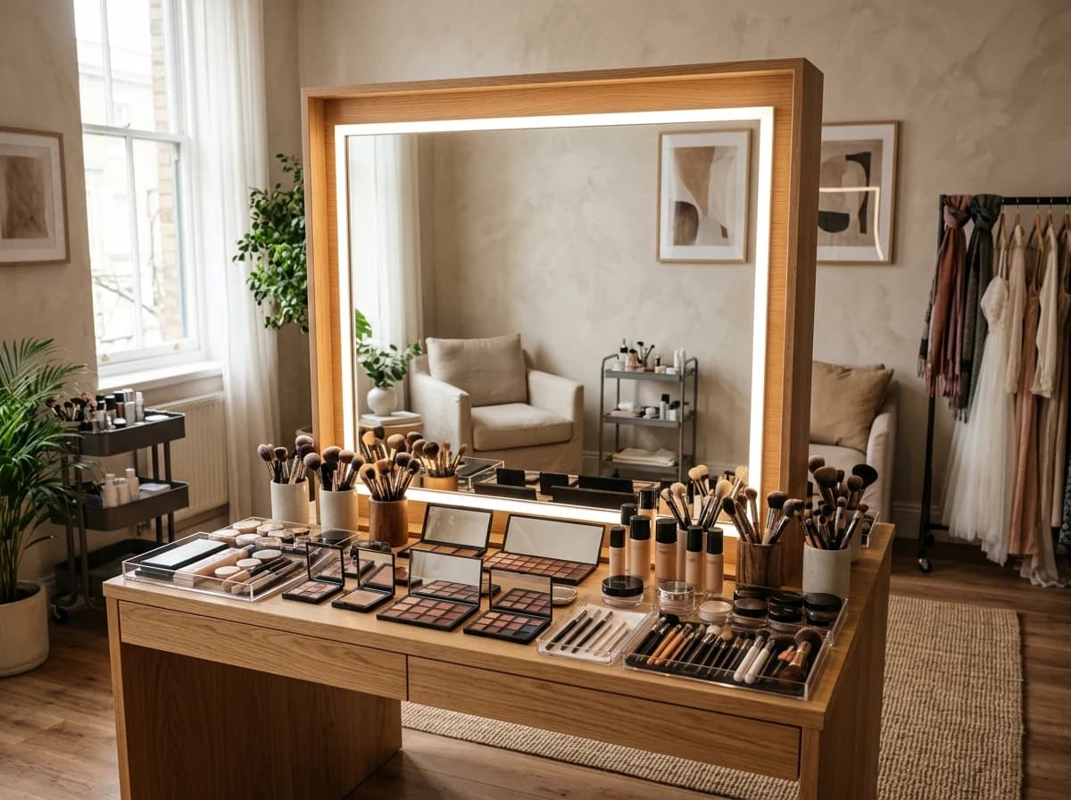 Well-lit makeup station with brushes, palettes, and mirror, ready for work.