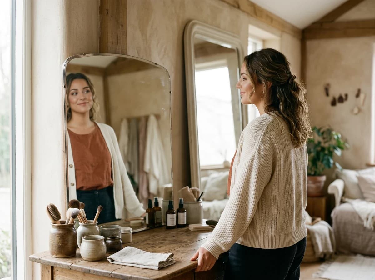 Person admiring their reflection in a mirror, looking confident and pleased.