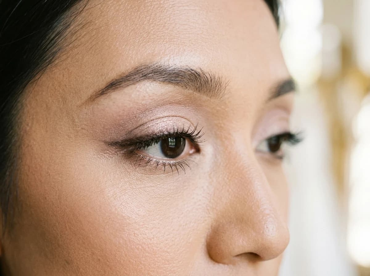 Close-up of a bride's eye makeup: soft, elegant, with delicate shimmer.