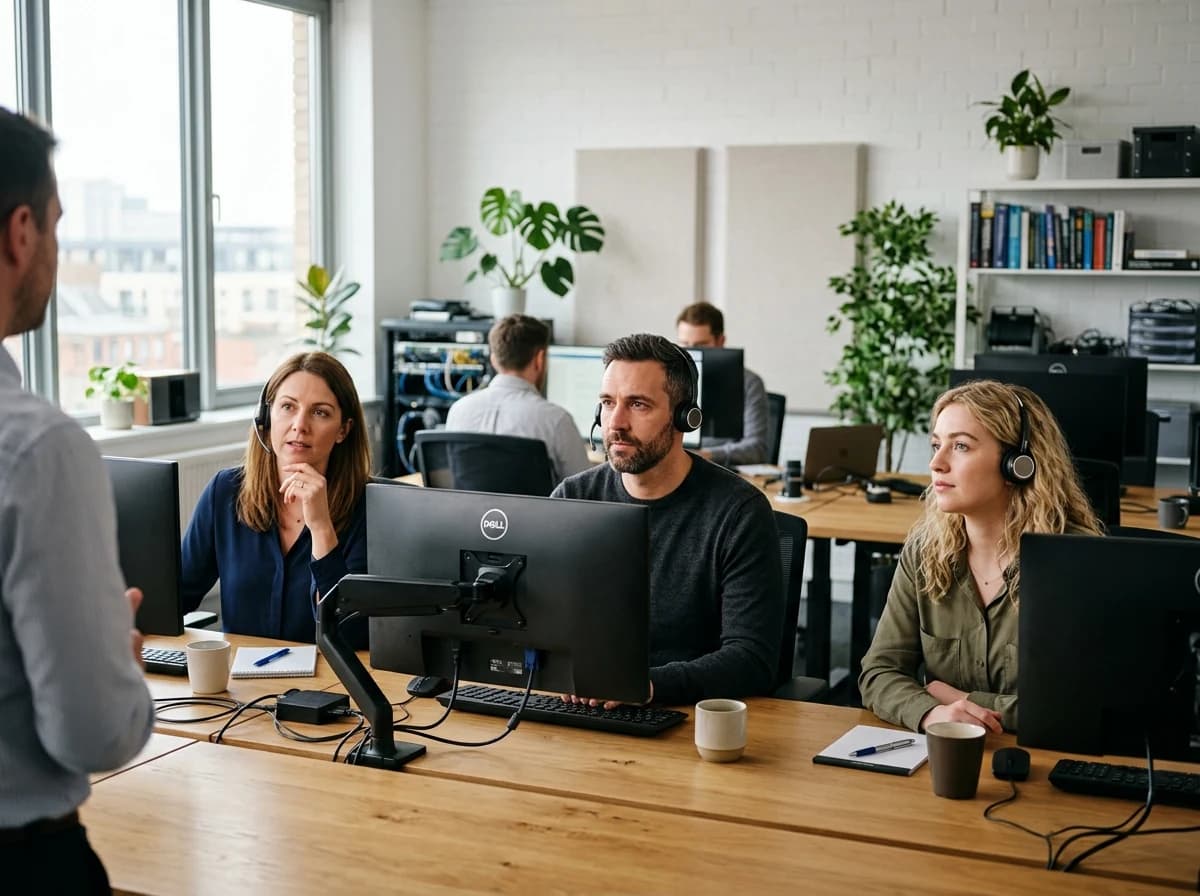 Front view of three fictional adult IT support technicians in a bright organized service office wearing headsets and listening attentively, monitor backs only visible