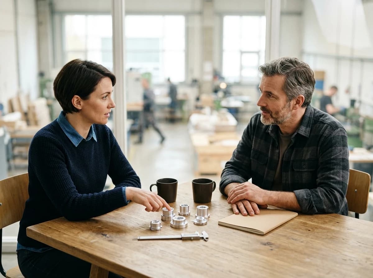 Two adults discussing sample manufactured parts at a meeting table.