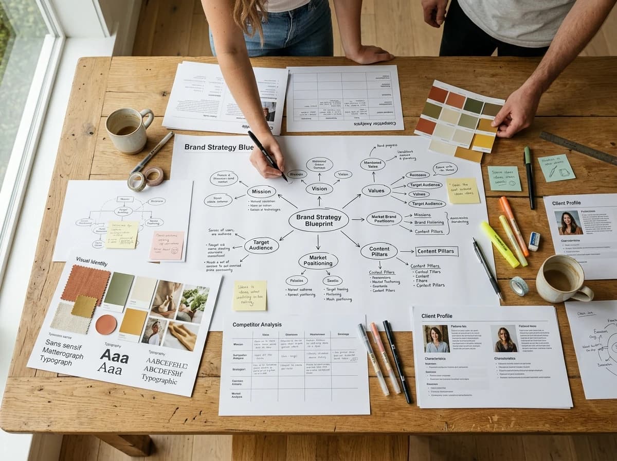 Detailed brand strategy blueprint laid out on a large table with notes, sketches, and color palettes.
