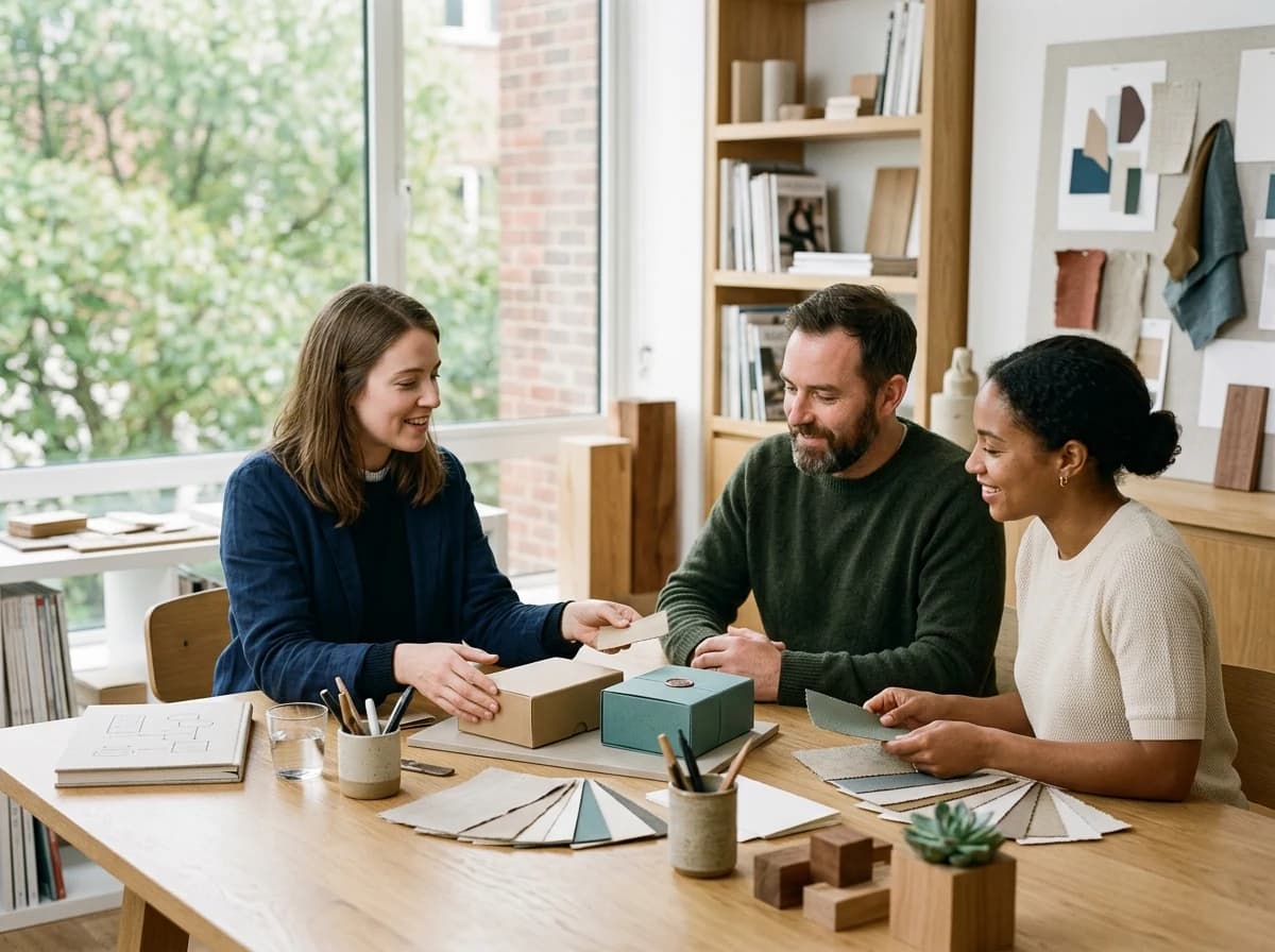 Art director and two adult clients comparing unbranded packaging mockups and color swatches on a bright agency table