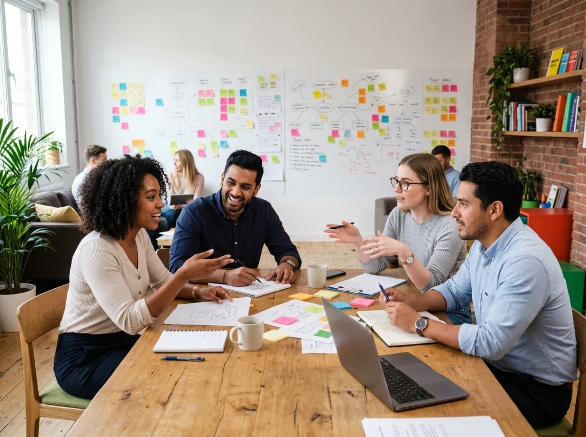 Dynamic, modern marketing agency open office space with whiteboards, colorful post-its, and team members collaborating.