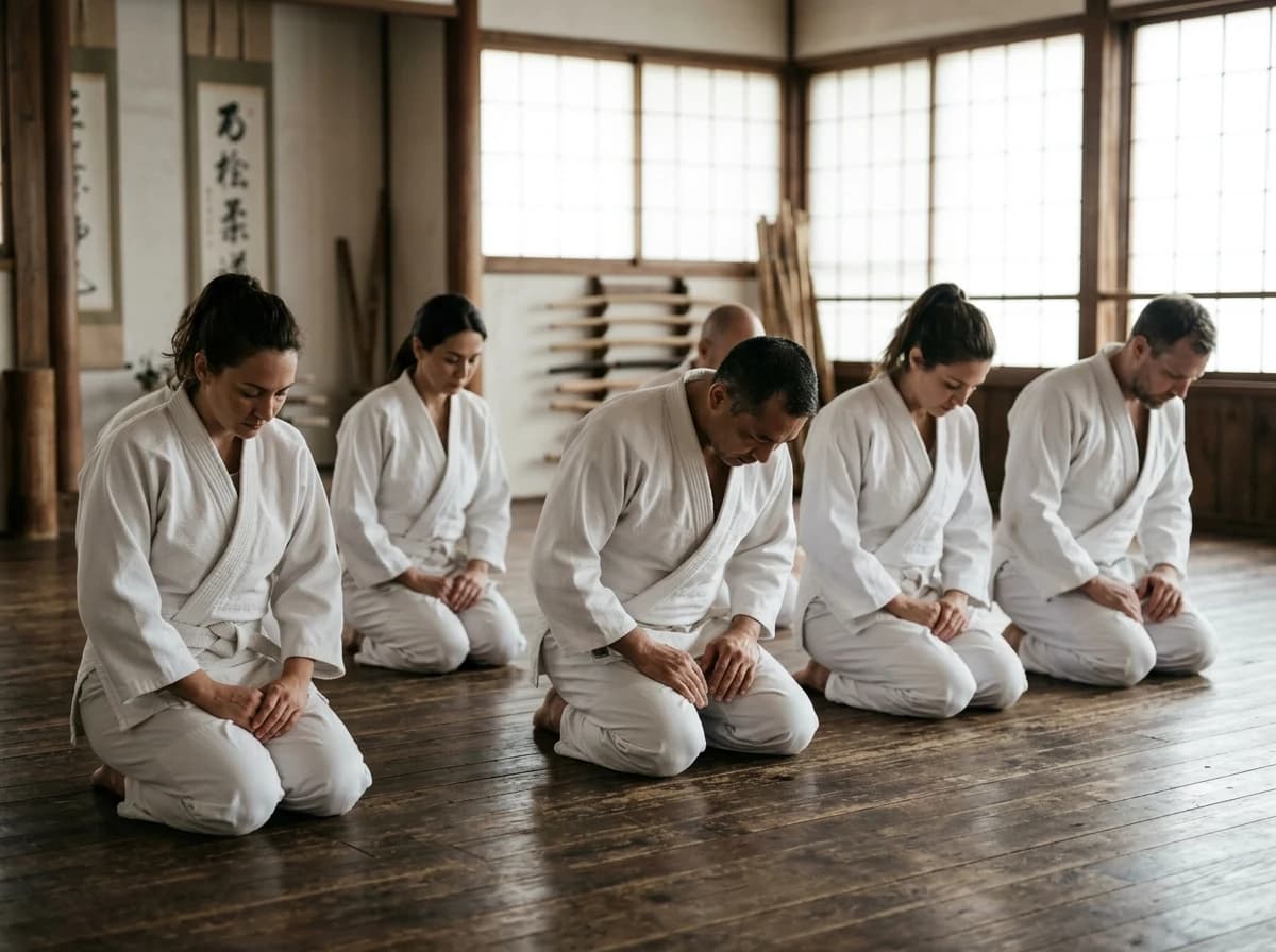 Group of diverse adult martial arts students and an instructor performing a respectful kneeling bow at the end of a session, reflecting community and discipline.