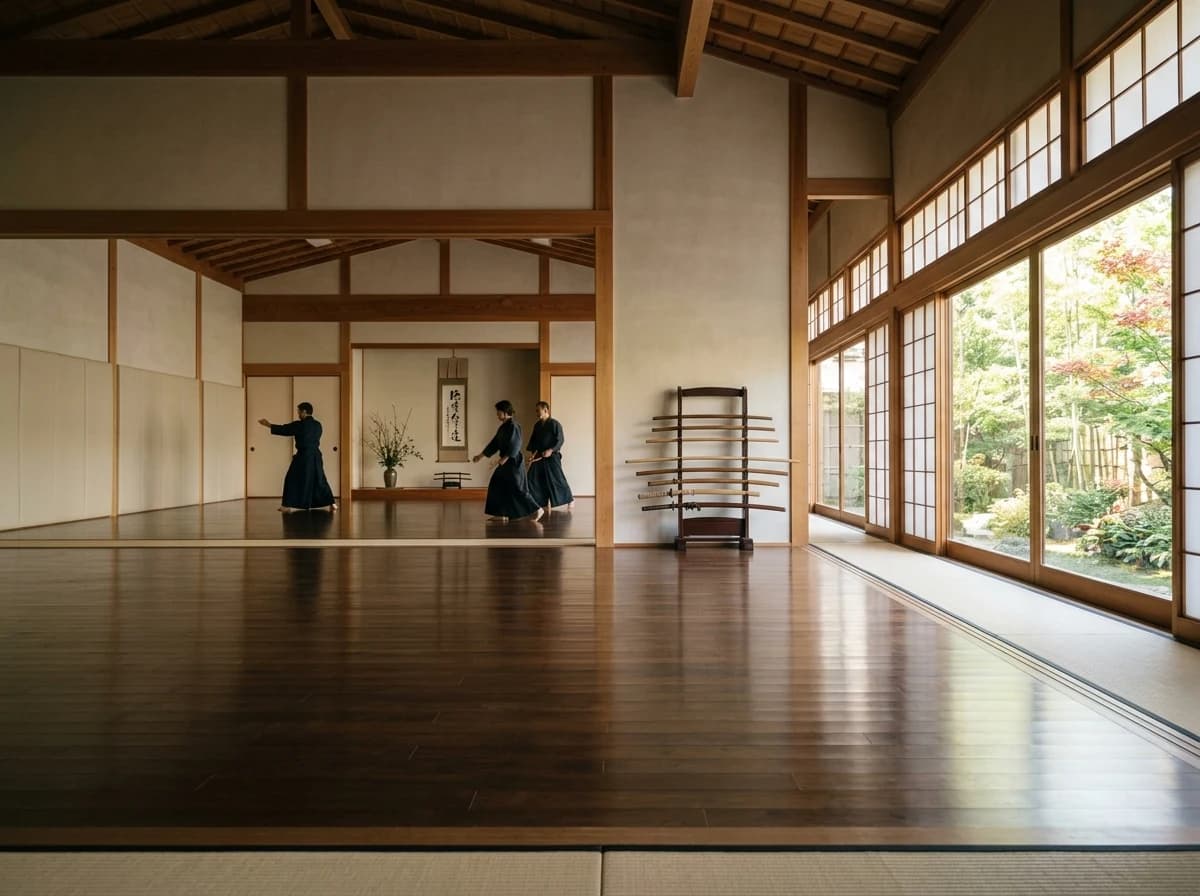 Wide shot of a clean, well-lit martial arts dojo with polished wooden floors, padded walls, and a few traditional implements like a wooden staff stand, conveying discipline and space.