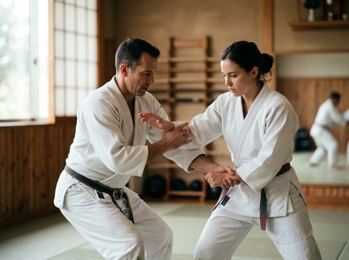 Two adult martial artists, one instructor and one student, engaged in a controlled, hands-on drill demonstrating a specific technique like a block or throw, with focused expressions.