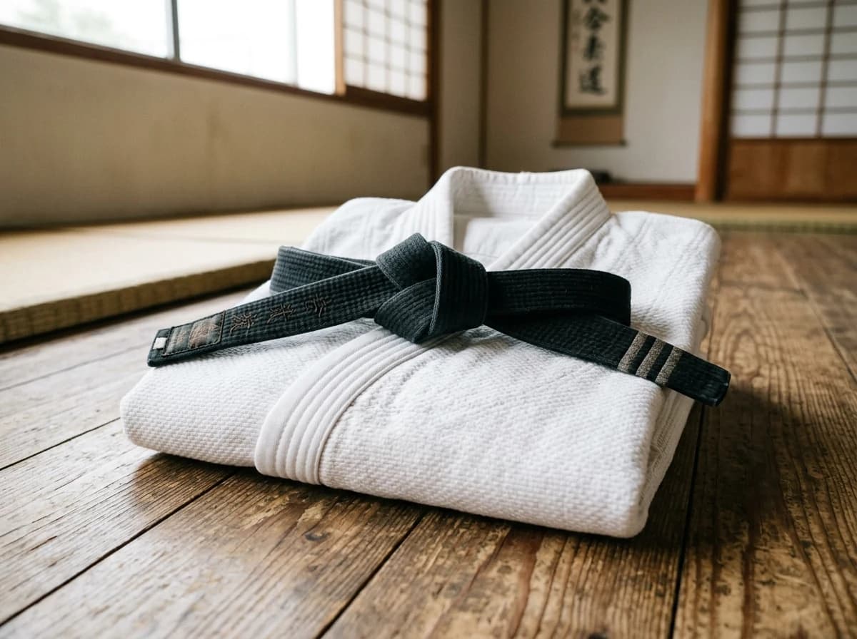 Close-up of a neatly folded, clean white martial arts gi, with a dark-colored belt tied in a traditional knot, emphasizing quality fabric and symbolic rank.