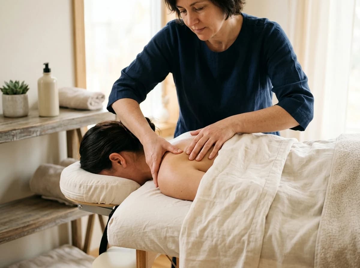 A massage therapist's hands gently massaging the draped shoulder and upper back of an adult client, showing professional technique and respectful draping.