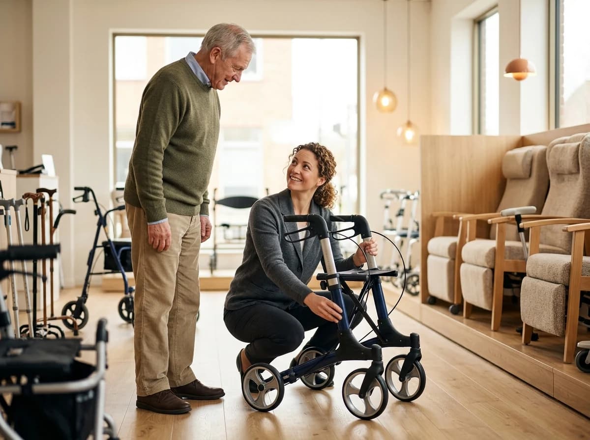 A specialist demonstrating a folding rollator to an older customer.