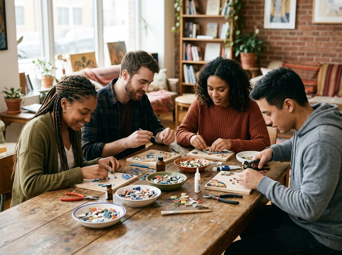 A diverse group of young adults engaged in a focused, hands-on craft activity around a table, suggesting a youth ministry gathering.