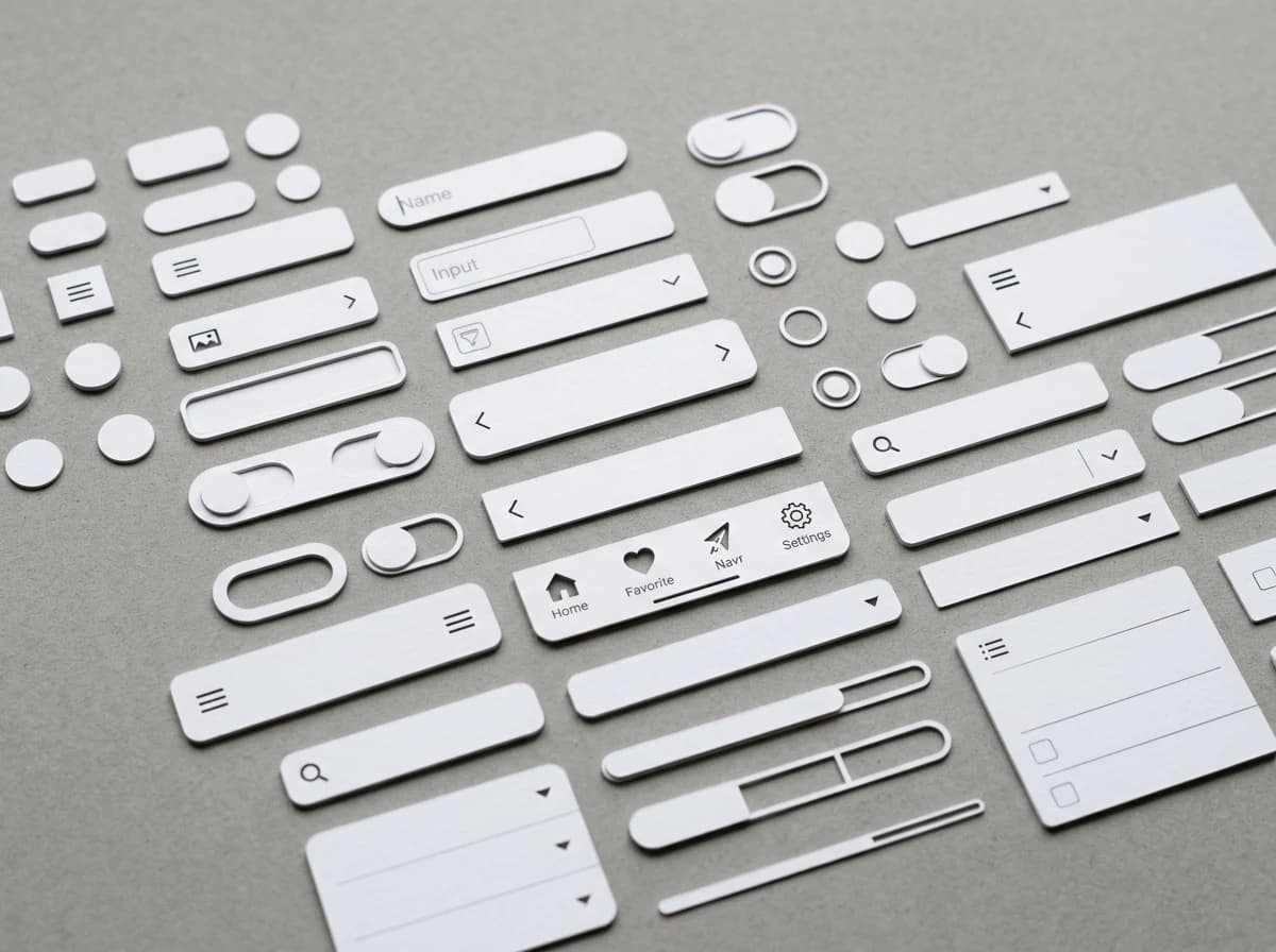 A close-up of various physical, laser-cut white cardstock representations of common mobile app UI elements like buttons, input fields, and navigation bars, arranged neatly on a grey backdrop, demonstrating a tangible 'UI kit' concept without digital screens.