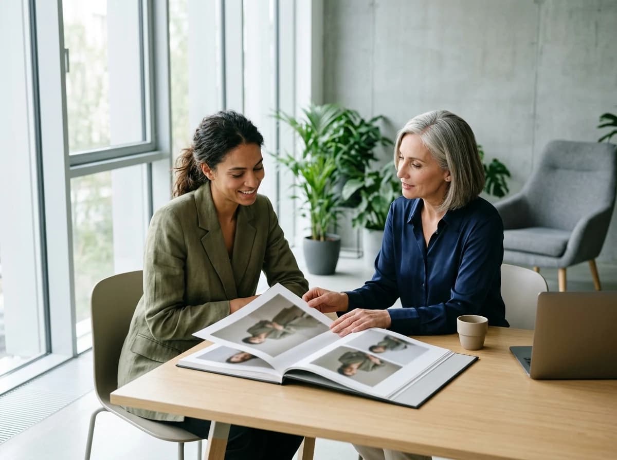 An adult model and an agent reviewing a physical portfolio book in a modern, professional office setting.