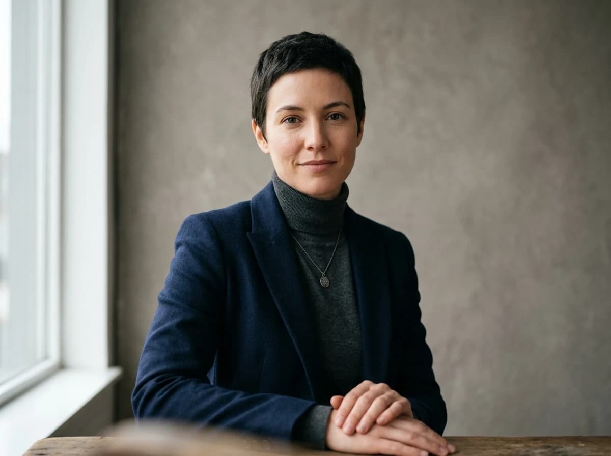 Professional close-up portrait of a fictional adult model with cropped dark hair and natural skin texture against a warm gray studio backdrop