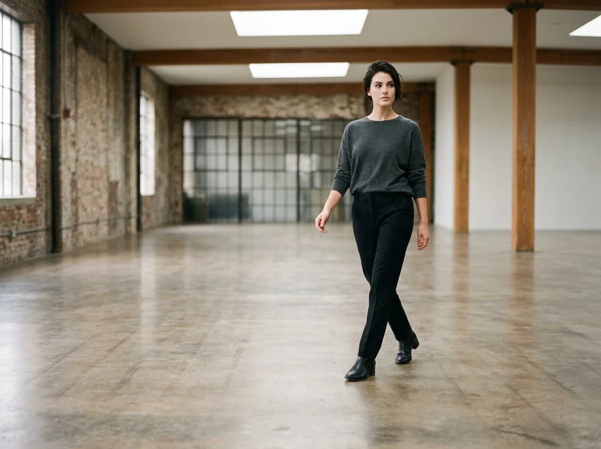 An adult female model confidently practicing her runway walk in an empty studio space.