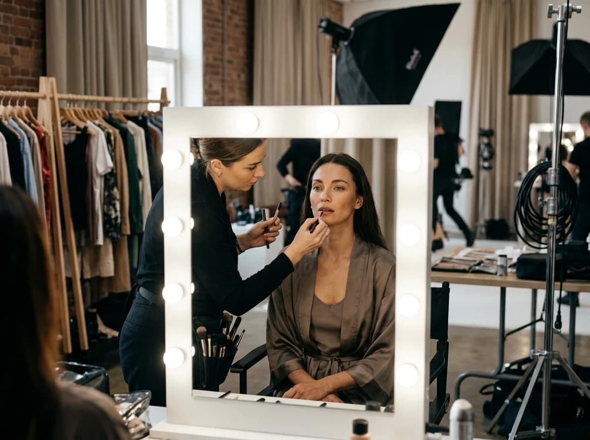 Behind-the-scenes shot of a fashion model getting hair and makeup done in a well-lit studio.