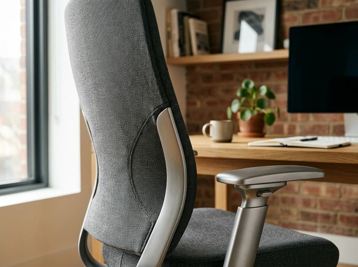 Close-up of a modern ergonomic office chair with adjustable armrests and lumbar support