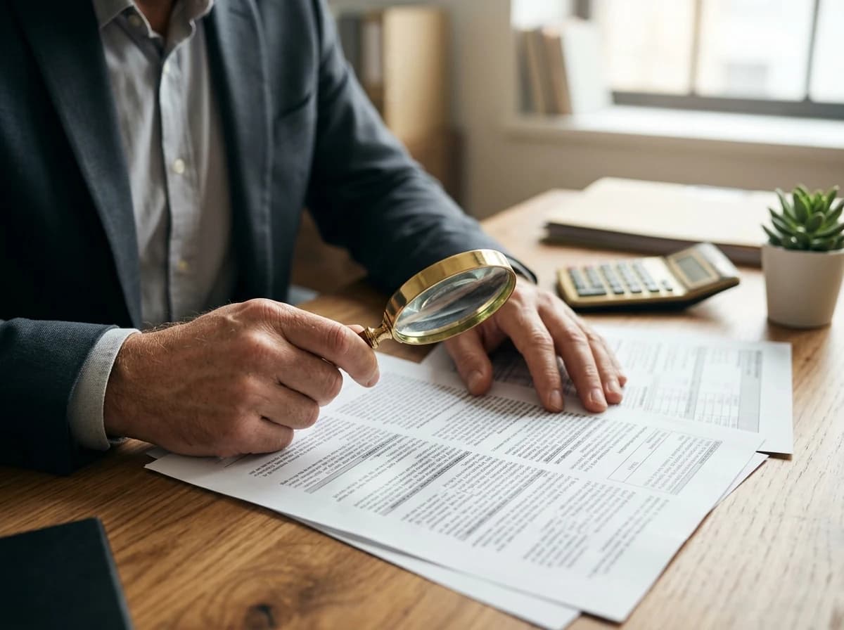 Close-up of a mortgage broker's hands reviewing complex financial documents.