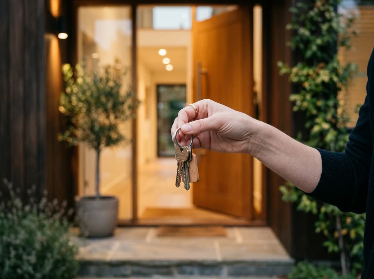 A hand holding a new set of house keys, symbolizing successful home ownership.