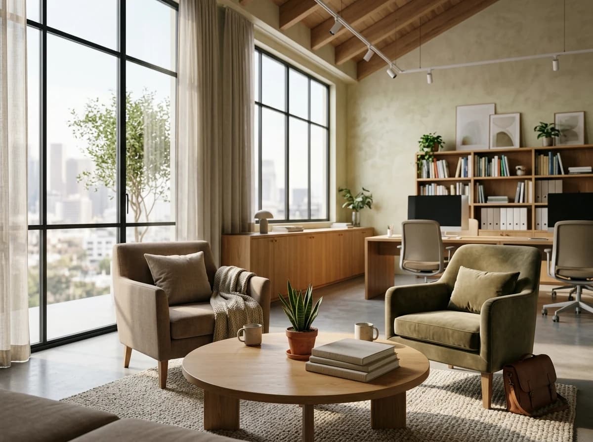 Well-lit, modern mortgage brokerage office with a client meeting area.
