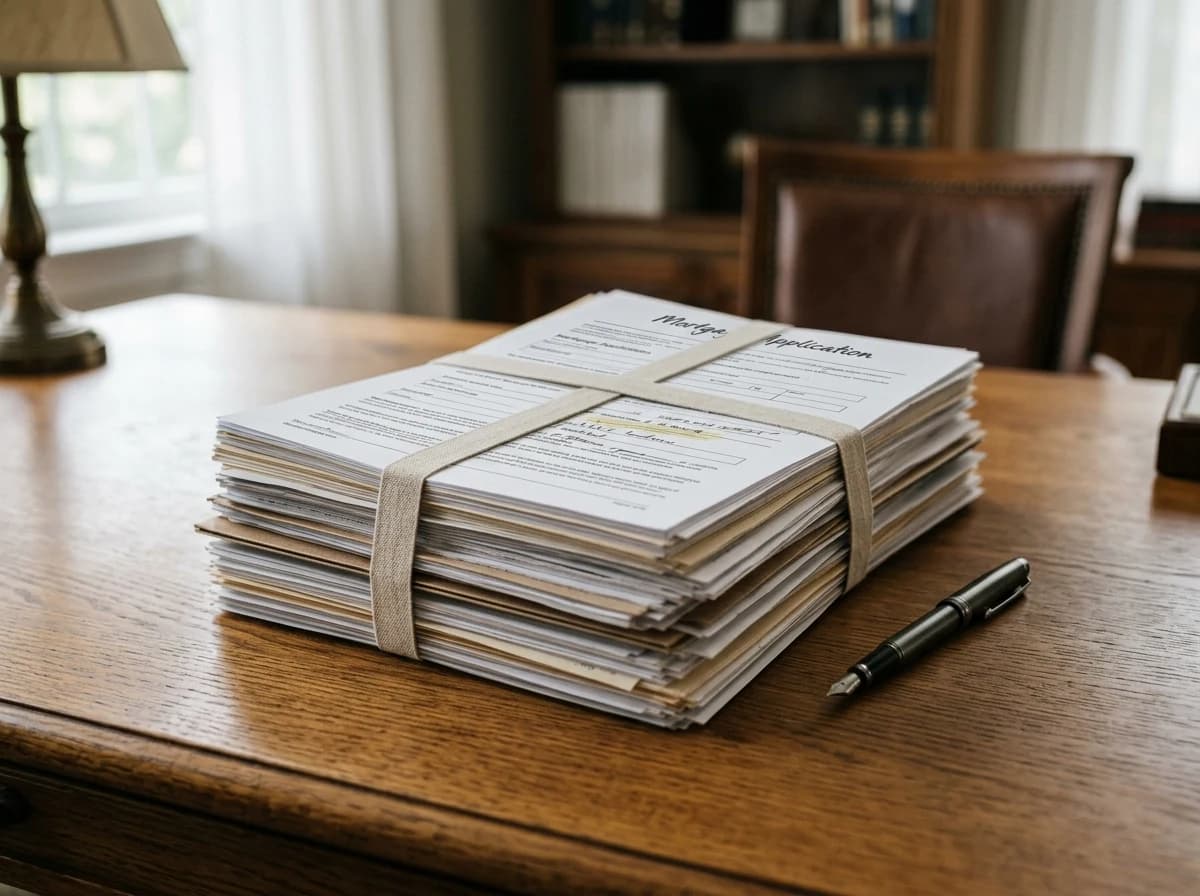 Precisely organized stack of mortgage application documents on a wooden desk.