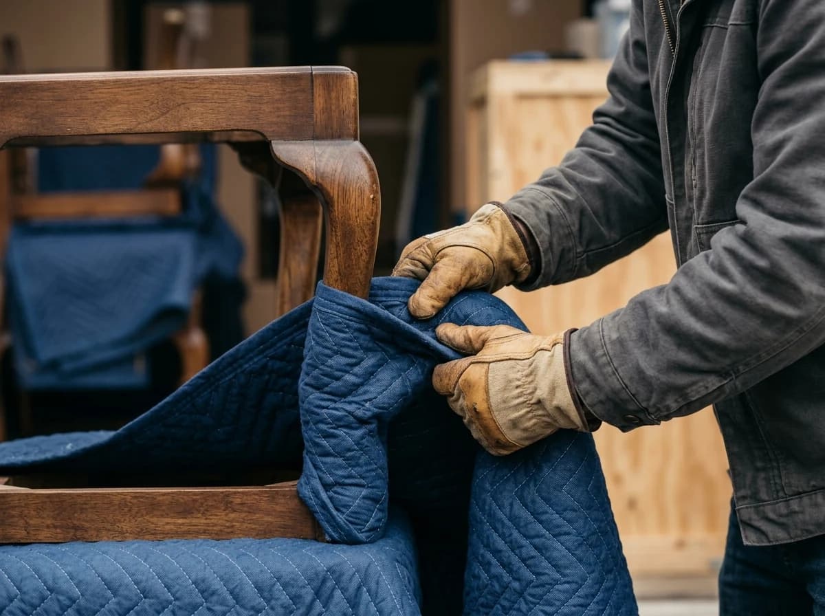 Hands carefully wrapping a wooden chair leg with a thick moving blanket.