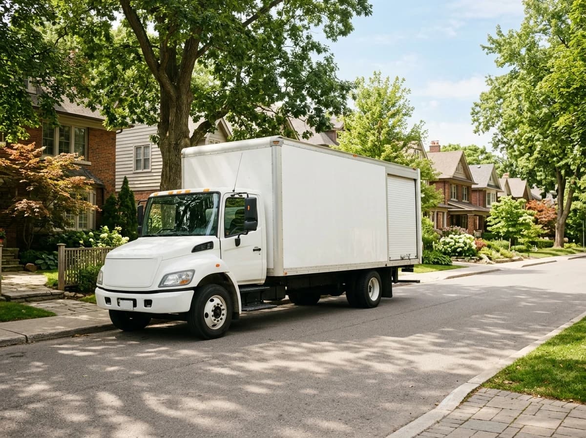 Large, modern moving truck parked on a quiet tree-lined suburban street.
