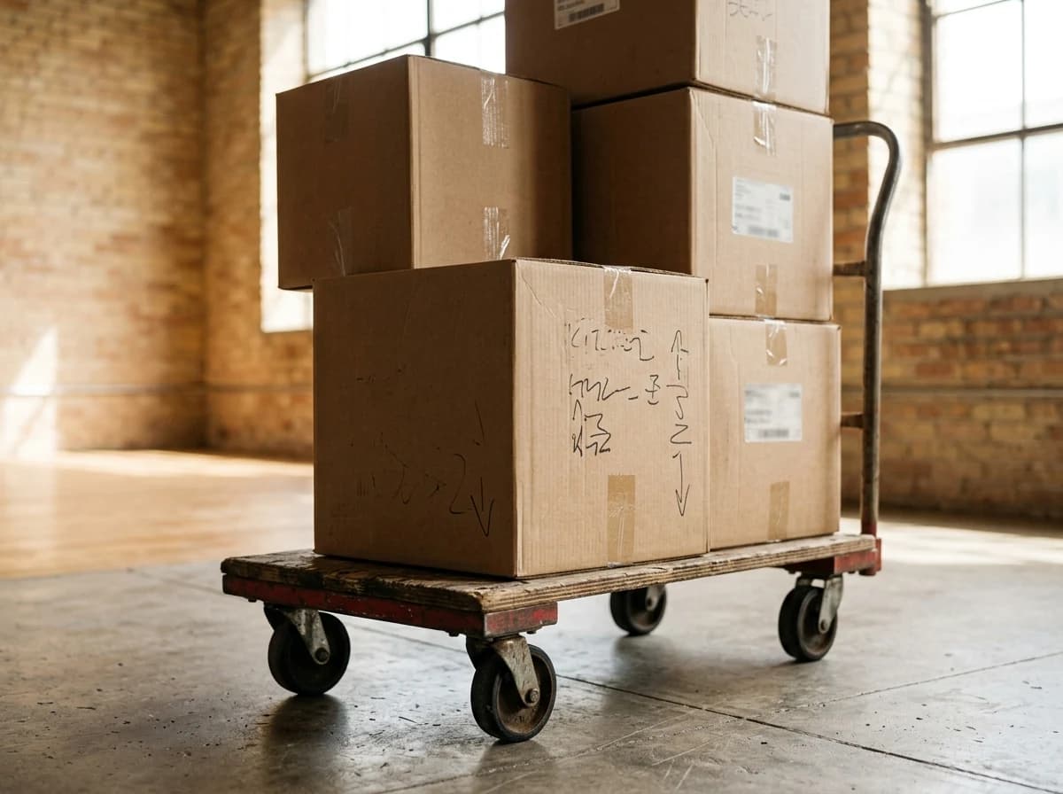 Stack of neatly labeled moving boxes on a professional moving dolly.