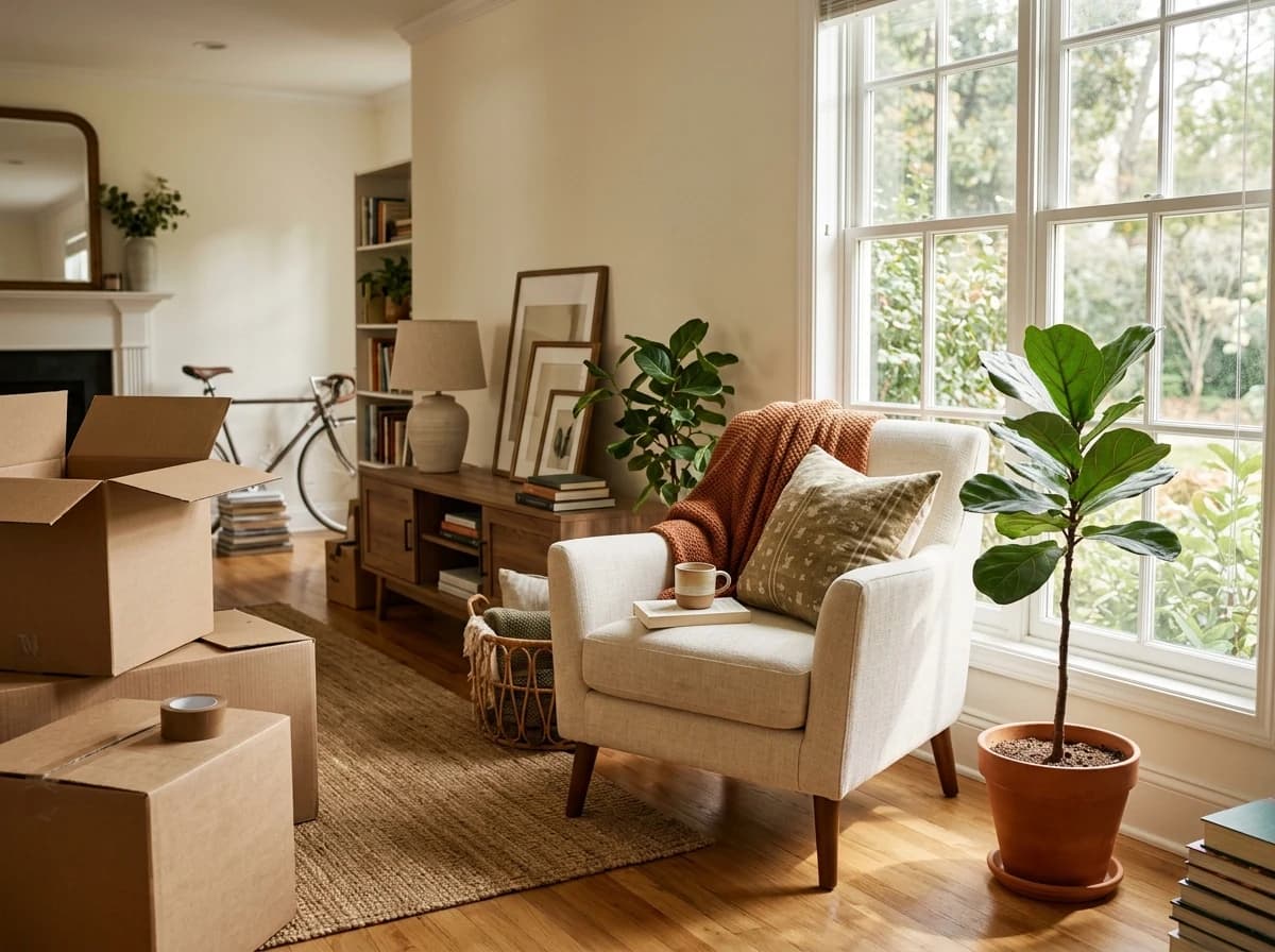 Bright, partially unpacked living room with sunlight and a comfortable armchair.