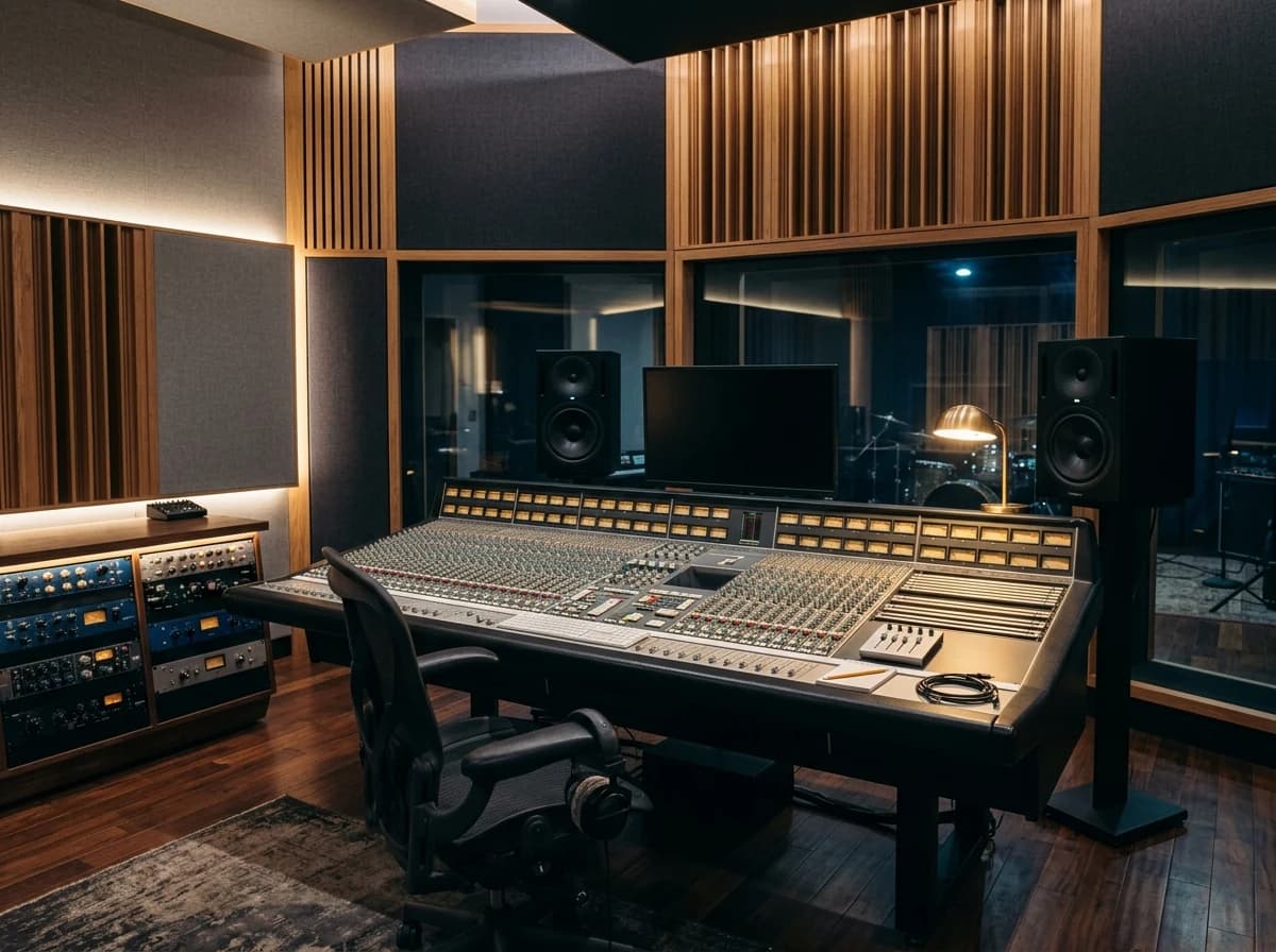 Empty, acoustically treated professional music recording studio with mixing console and monitors.
