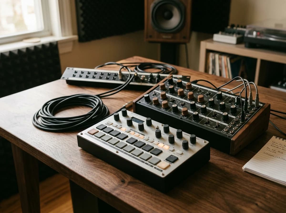 Close-up of an unbranded drum machine, analog synthesizer knobs and coiled audio cables on a walnut recording desk