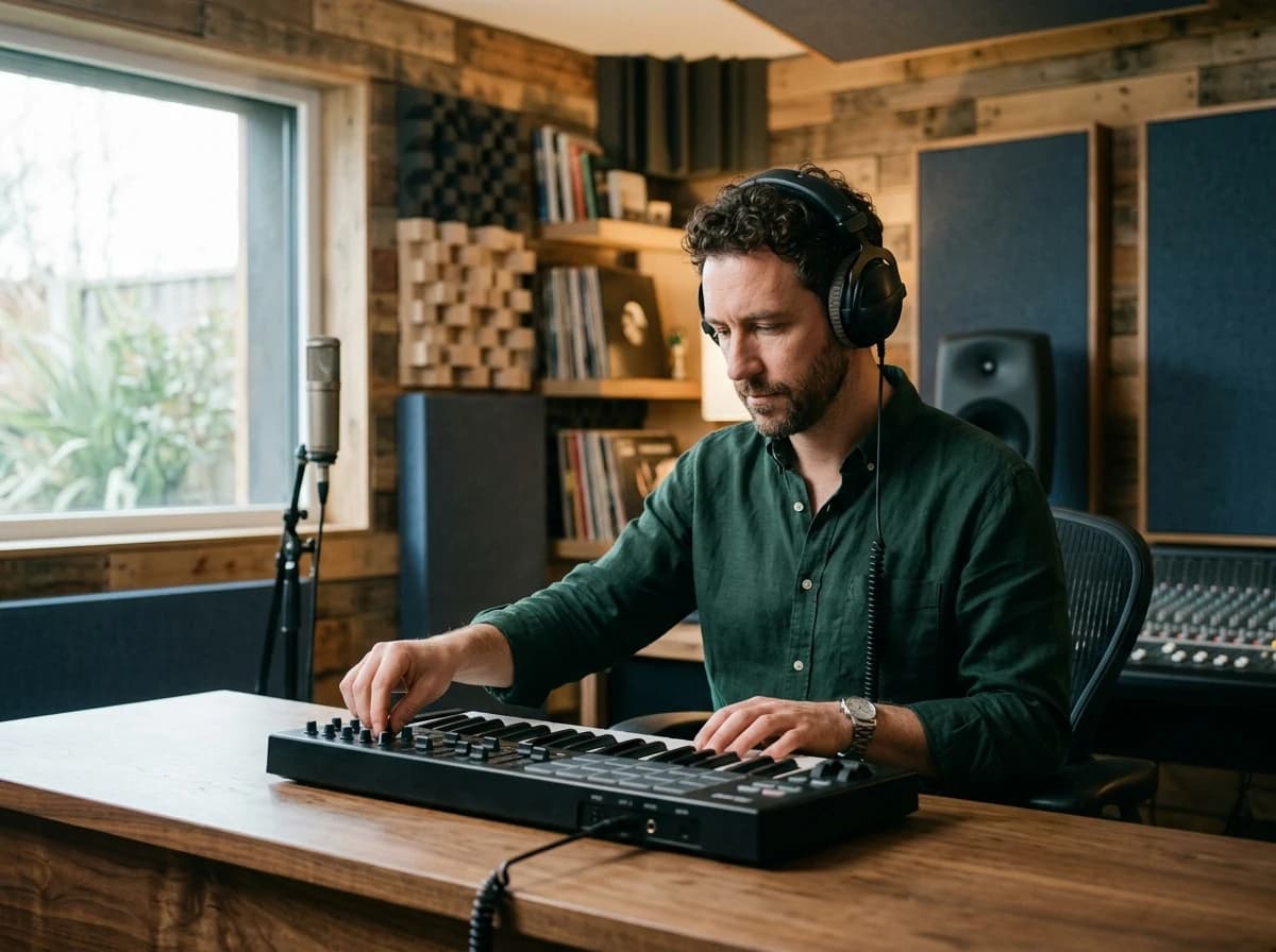 Adult music producer playing an unbranded MIDI keyboard in a treated recording room, photographed from the front with equipment screens out of frame