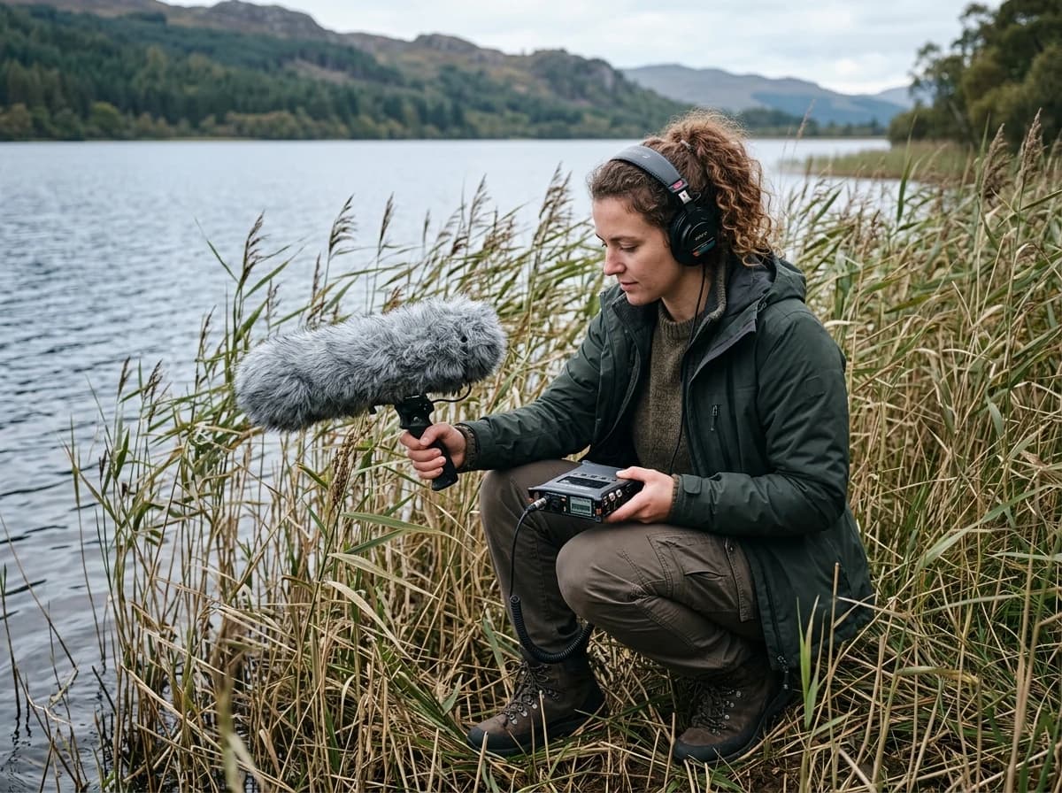 Adult sound designer recording the rustle of reeds beside a lake using a portable recorder and furry windshield microphone