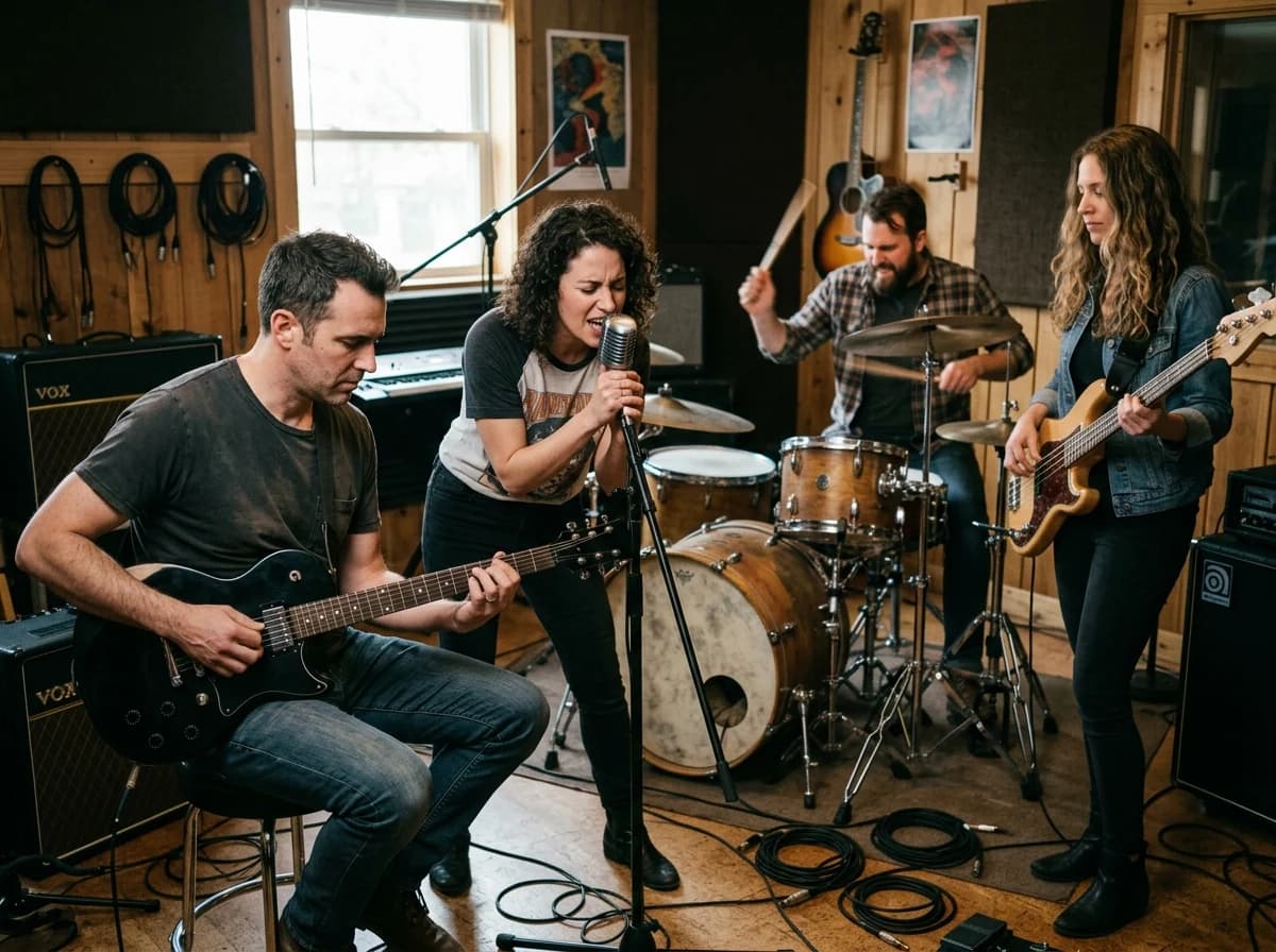 Energetic band of four musicians rehearsing in a studio, focused on their instruments.